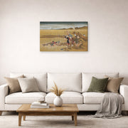 Gallery-wrapped canvas print of Katsushika Hokusai's Shell Gathering displayed on a wall in a living room