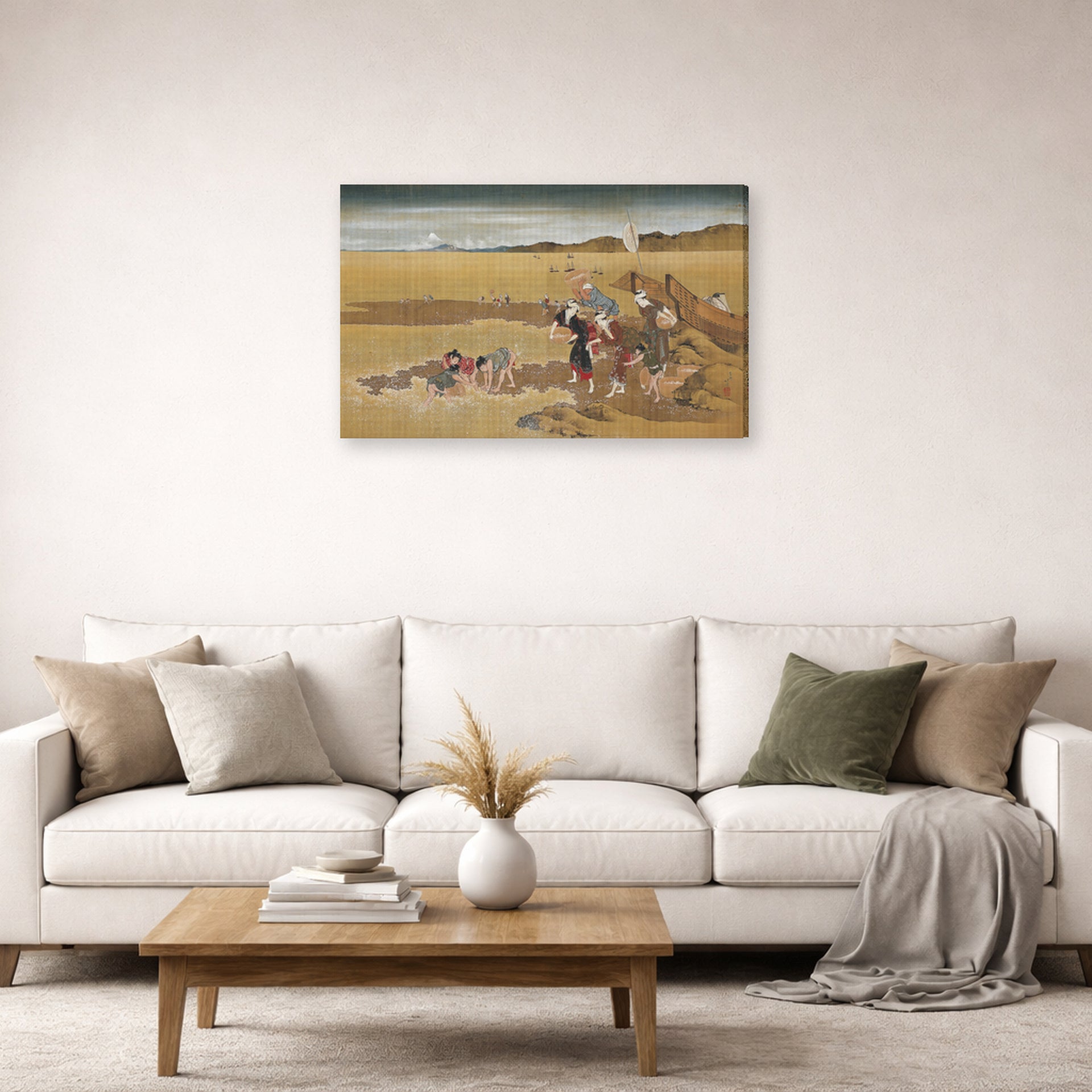 Gallery-wrapped canvas print of Katsushika Hokusai's Shell Gathering displayed on a wall in a living room