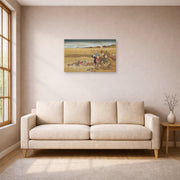 Unframed poster print of Katsushika Hokusai's Shell Gathering displayed on a wall in a living room