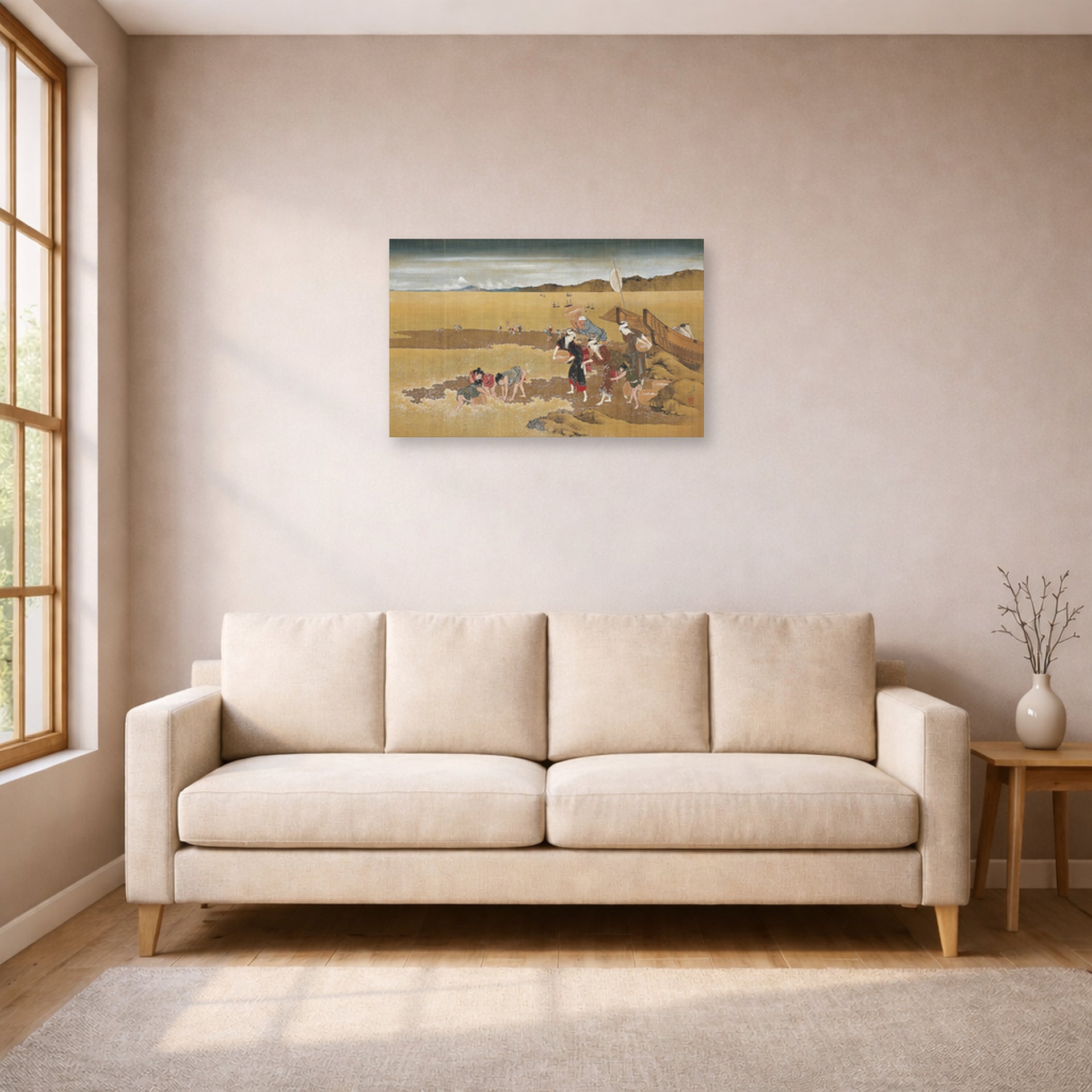 Unframed poster print of Katsushika Hokusai's Shell Gathering displayed on a wall in a living room