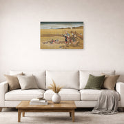 Unframed poster print of Katsushika Hokusai's Shell Gathering displayed on a wall in a living room