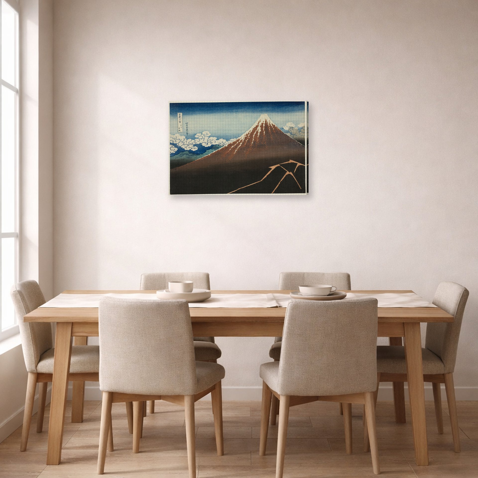 Gallery-wrapped canvas print of Katsushika Hokusai's Shower Below the Summit displayed on a wall in a dining room