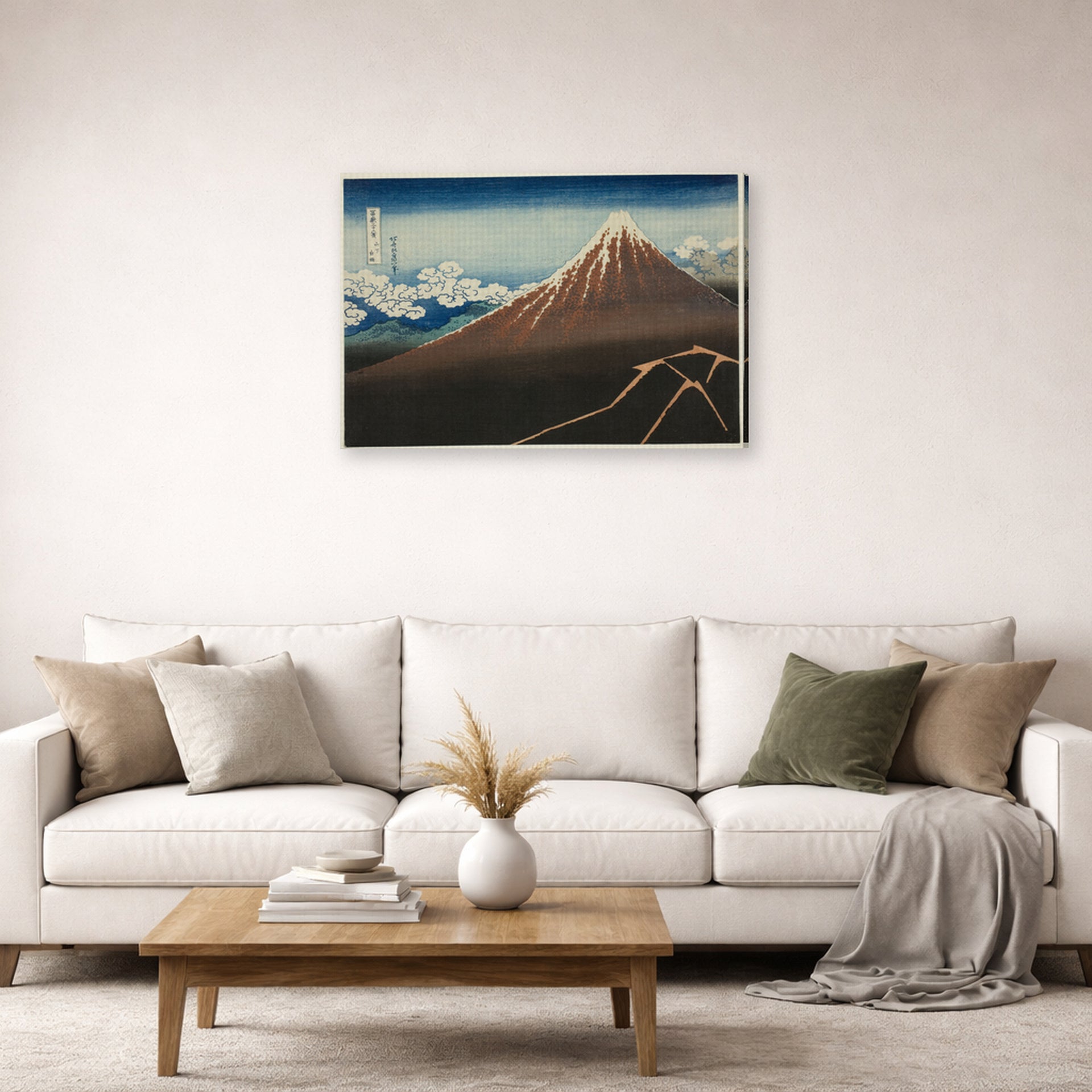 Gallery-wrapped canvas print of Katsushika Hokusai's Shower Below the Summit displayed on a wall in a living room