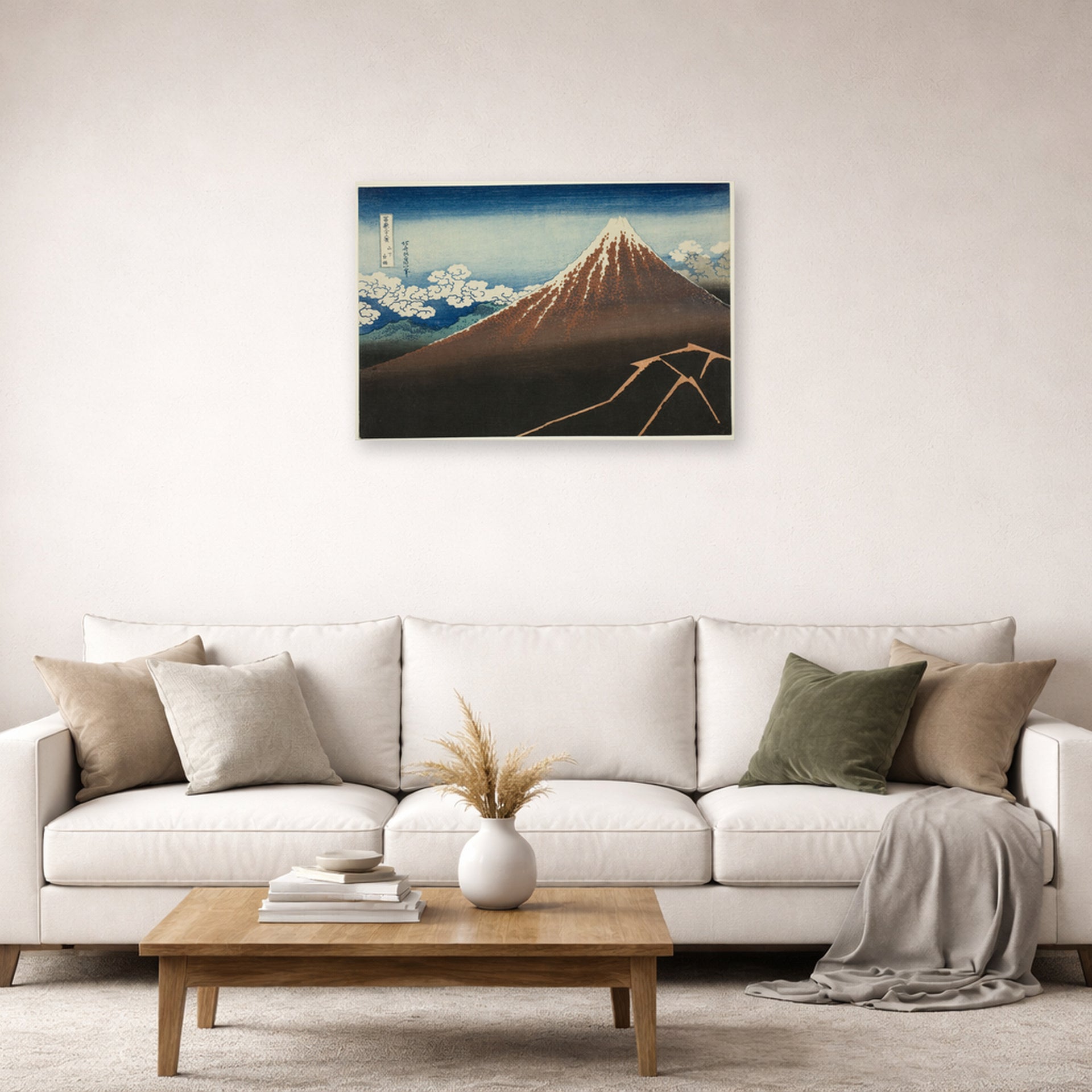 Unframed poster print of Katsushika Hokusai's Shower Below the Summit displayed on a wall in a living room