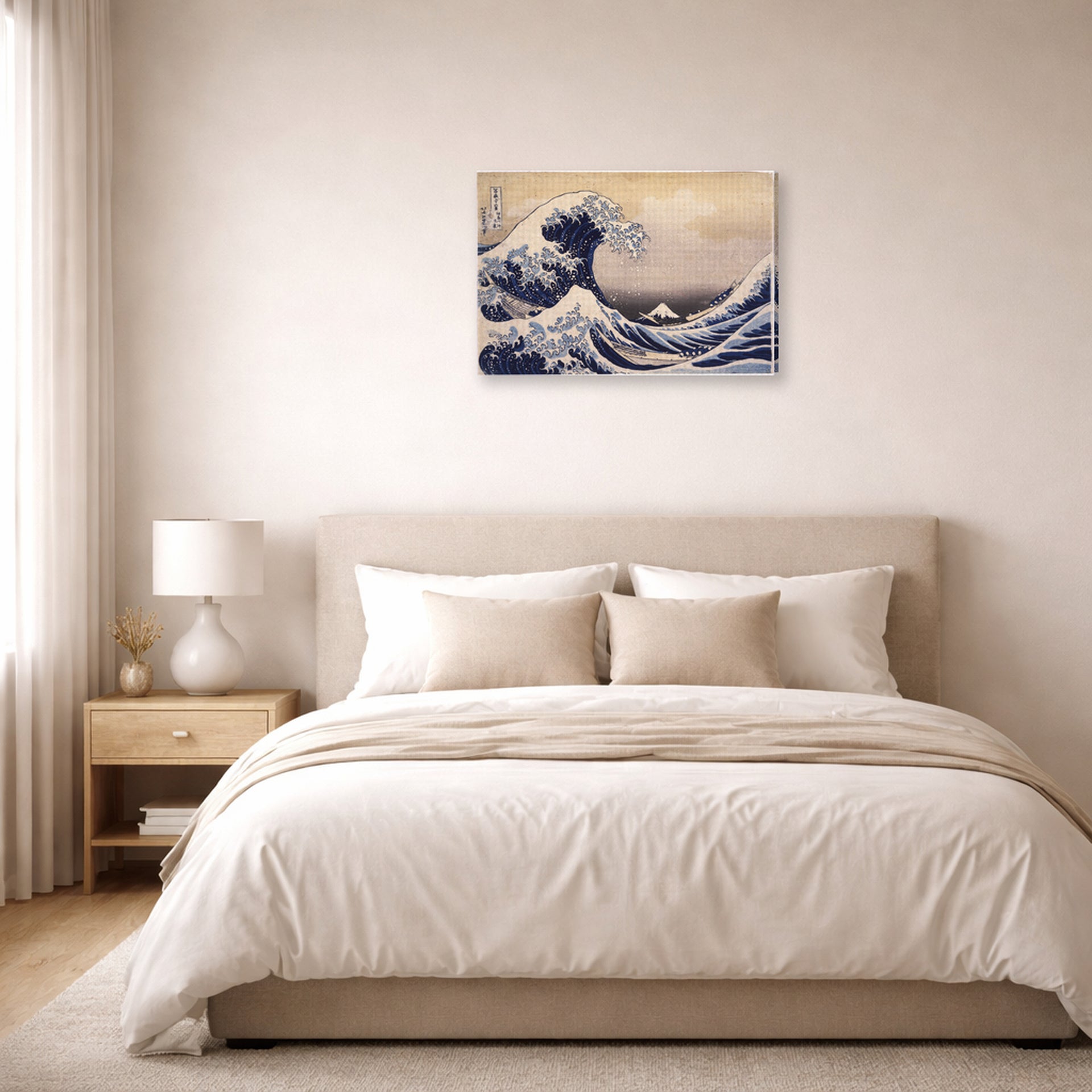 Gallery-wrapped canvas print of Katsushika Hokusai's The Great Wave Off the Coast of Kanagawa displayed on a wall in a bedroom