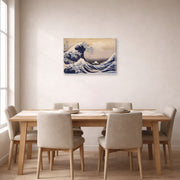 Gallery-wrapped canvas print of Katsushika Hokusai's The Great Wave Off the Coast of Kanagawa displayed on a wall in a dining room