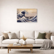 Gallery-wrapped canvas print of Katsushika Hokusai's The Great Wave Off the Coast of Kanagawa displayed on a wall in a living room