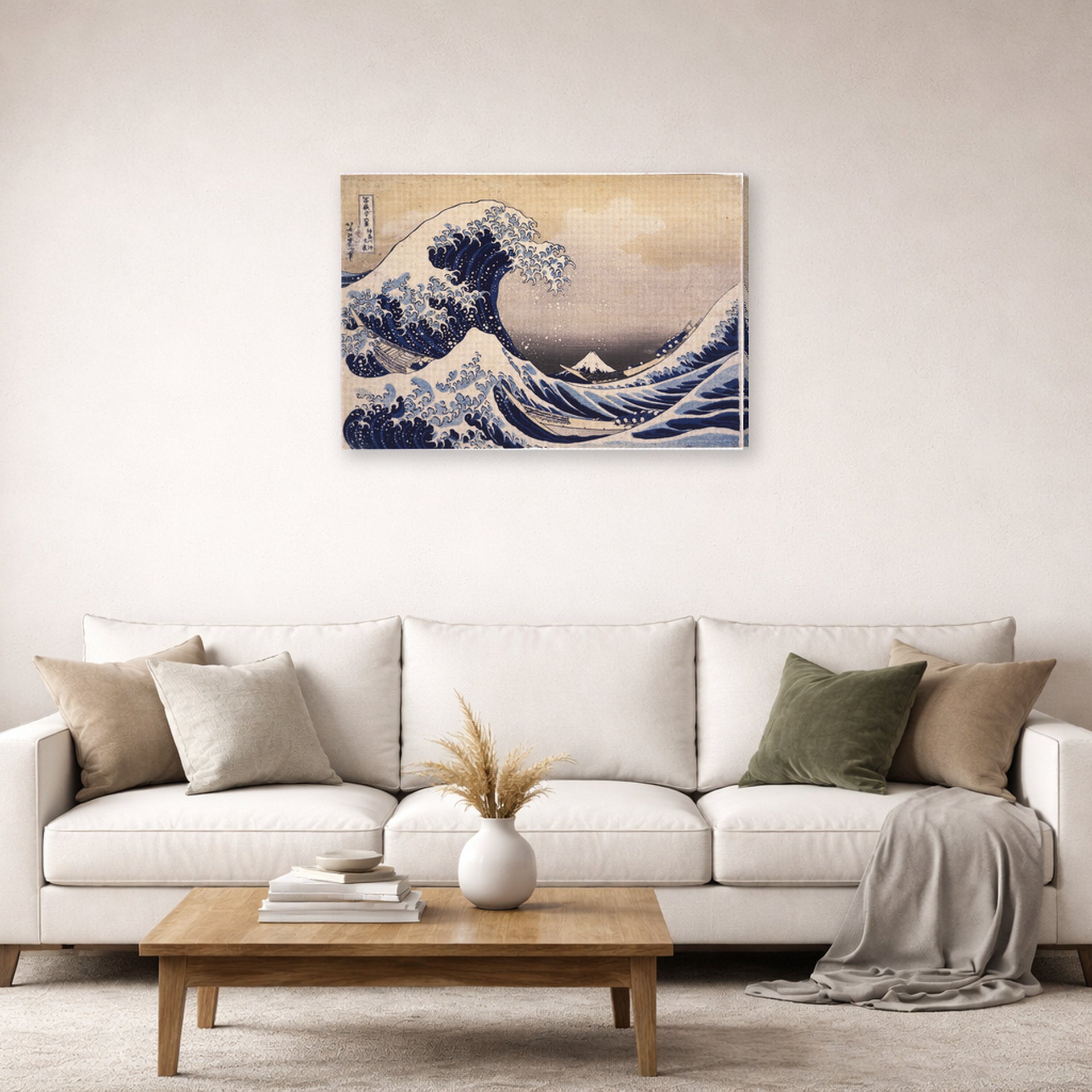 Gallery-wrapped canvas print of Katsushika Hokusai's The Great Wave Off the Coast of Kanagawa displayed on a wall in a living room