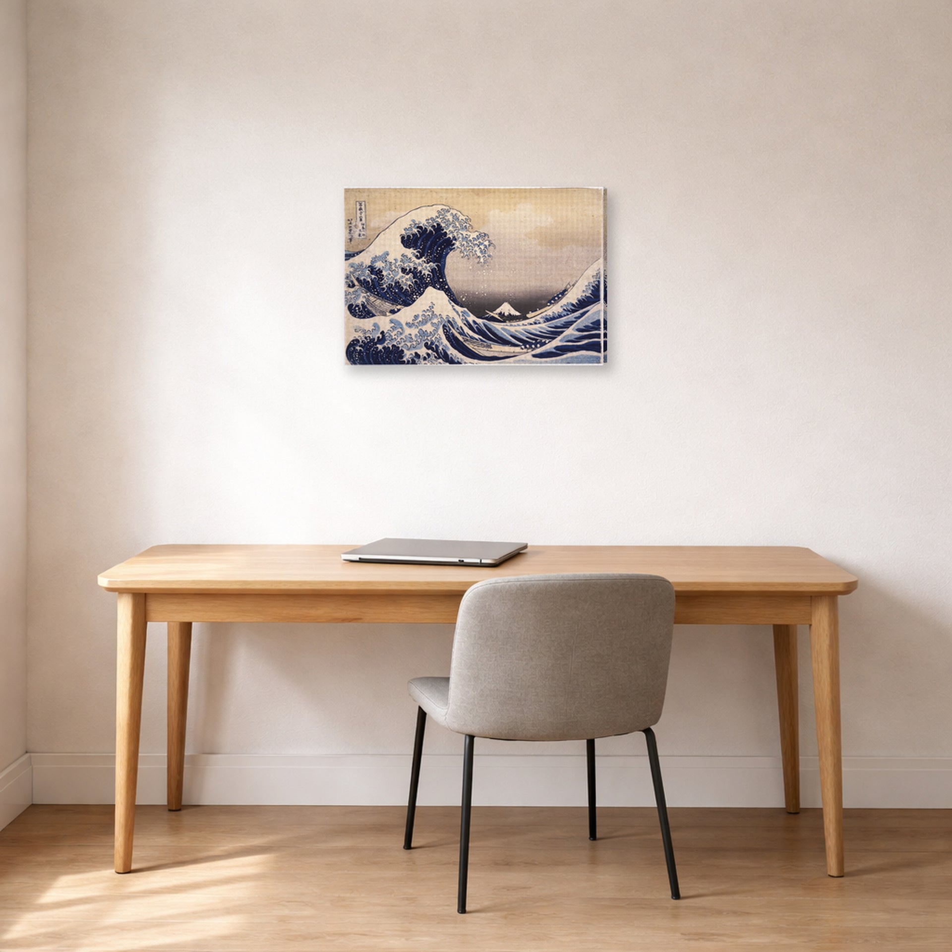 Gallery-wrapped canvas print of Katsushika Hokusai's The Great Wave Off the Coast of Kanagawa displayed on a wall in a office