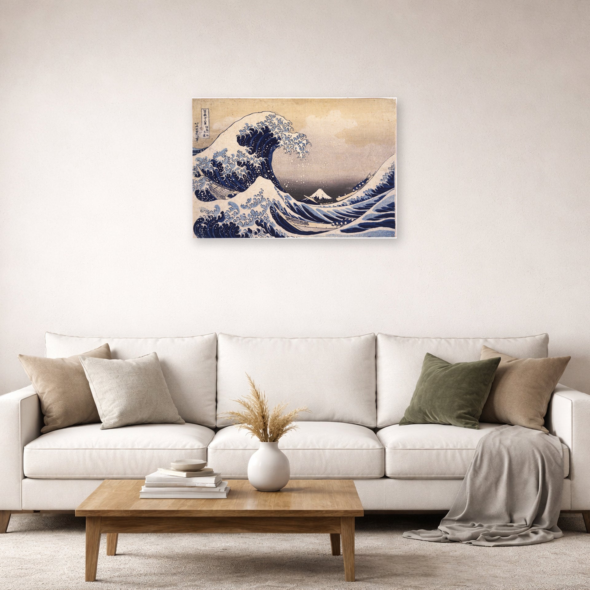 Unframed poster print of Katsushika Hokusai's The Great Wave Off the Coast of Kanagawa displayed on a wall in a living room