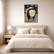 Gallery-wrapped canvas print of Katsushika Hokusai's The Lantern Ghost, Iwa displayed on a wall in a bedroom