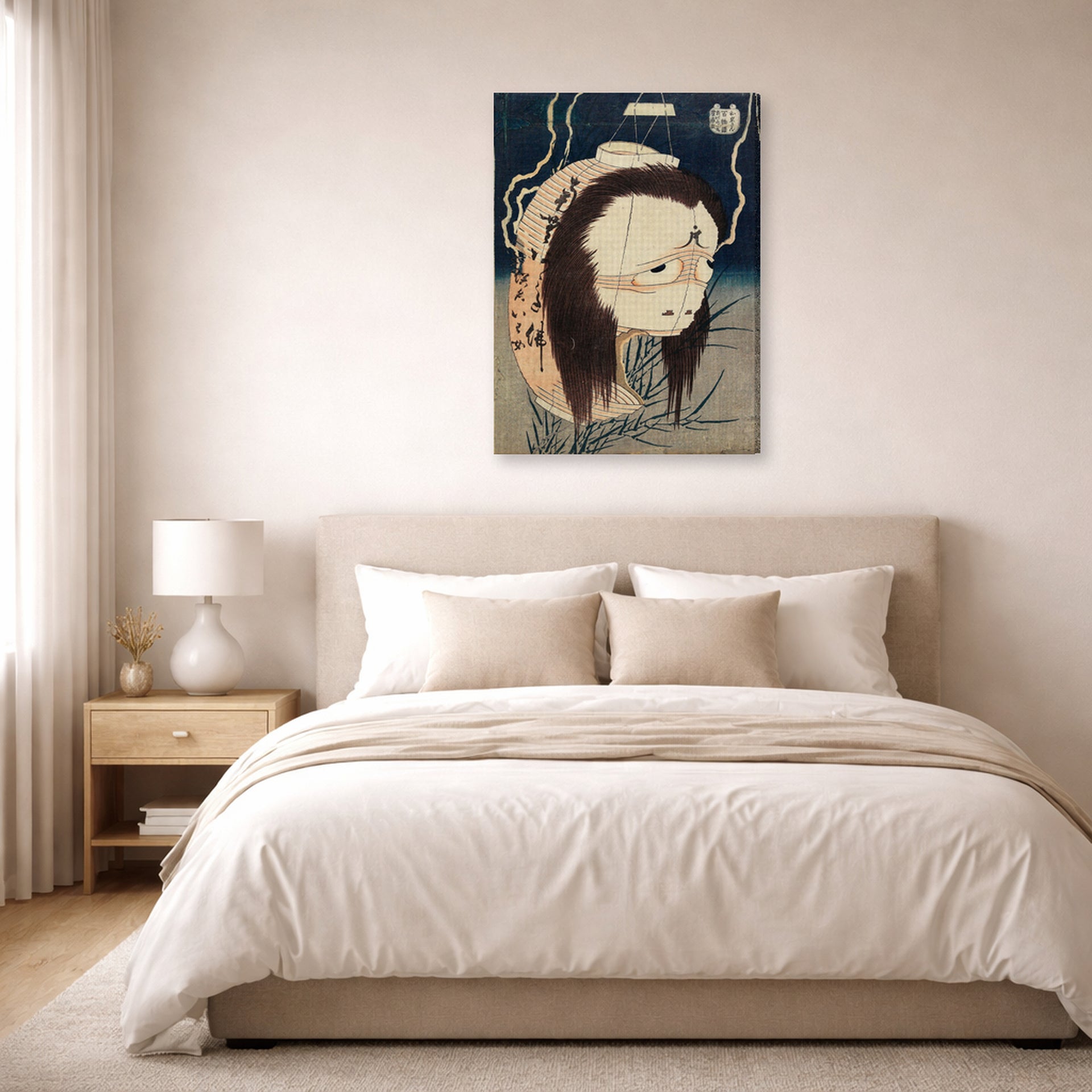 Gallery-wrapped canvas print of Katsushika Hokusai's The Lantern Ghost, Iwa displayed on a wall in a bedroom