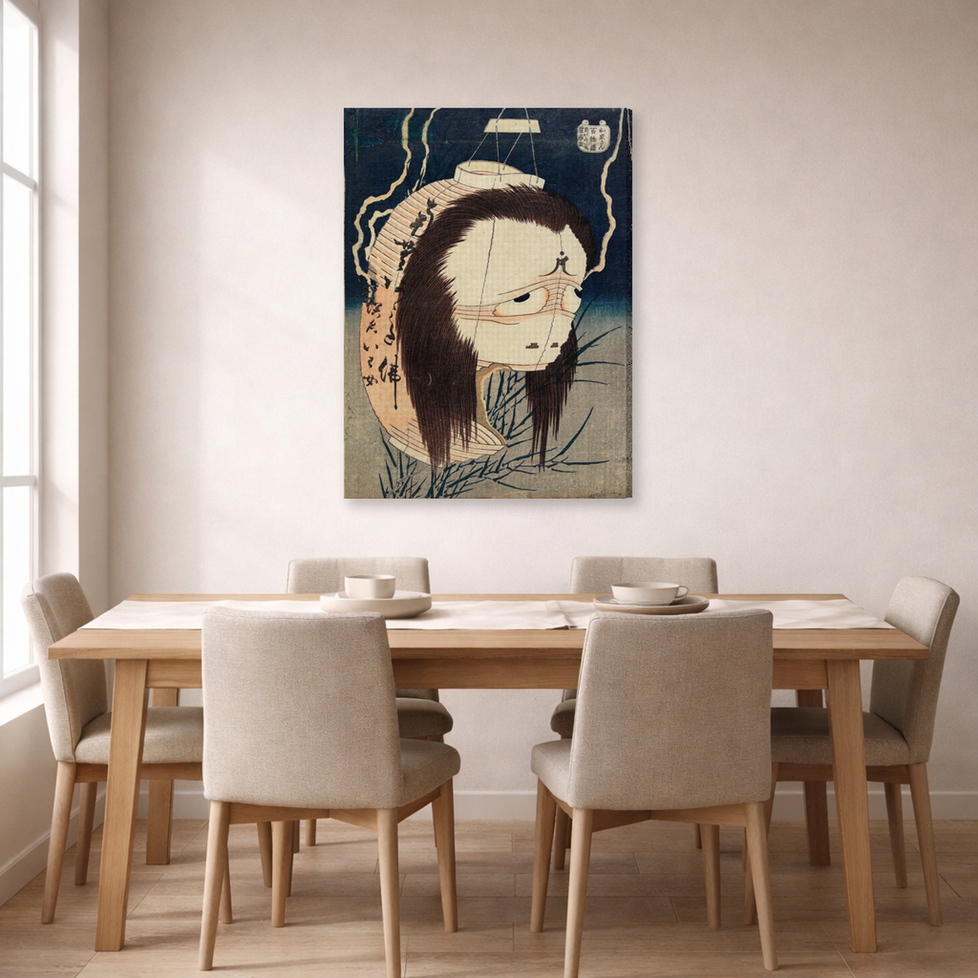 Gallery-wrapped canvas print of Katsushika Hokusai's The Lantern Ghost, Iwa displayed on a wall in a dining room