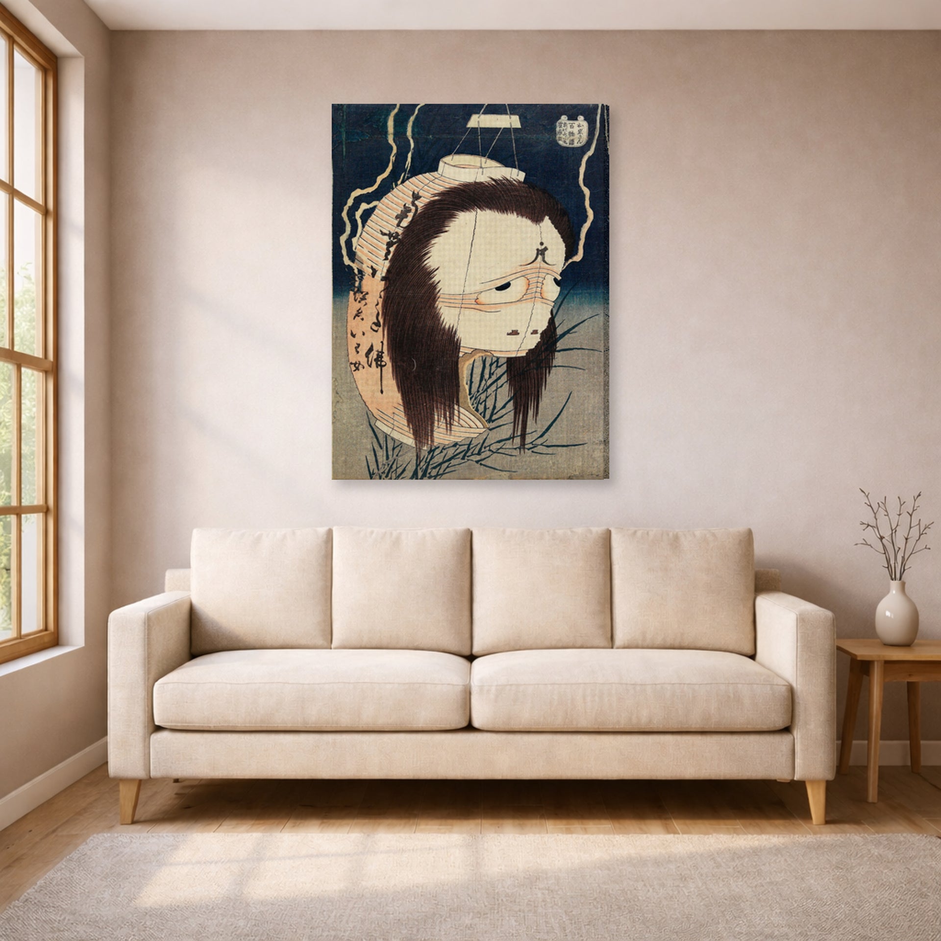 Gallery-wrapped canvas print of Katsushika Hokusai's The Lantern Ghost, Iwa displayed on a wall in a living room