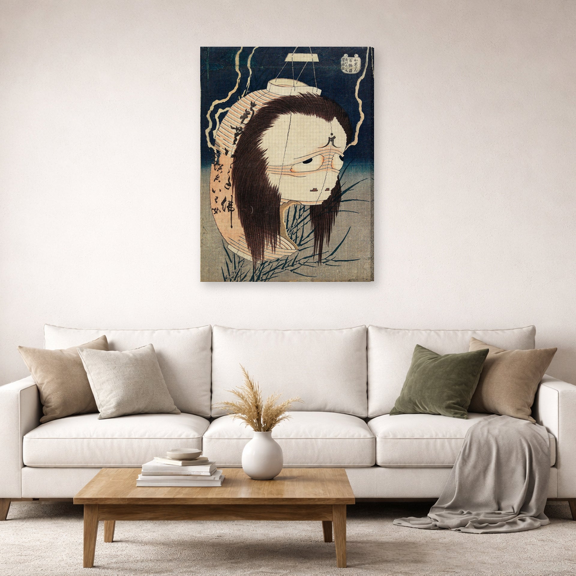 Gallery-wrapped canvas print of Katsushika Hokusai's The Lantern Ghost, Iwa displayed on a wall in a living room