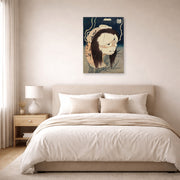 Unframed poster print of Katsushika Hokusai's The Lantern Ghost, Iwa displayed on a wall in a bedroom