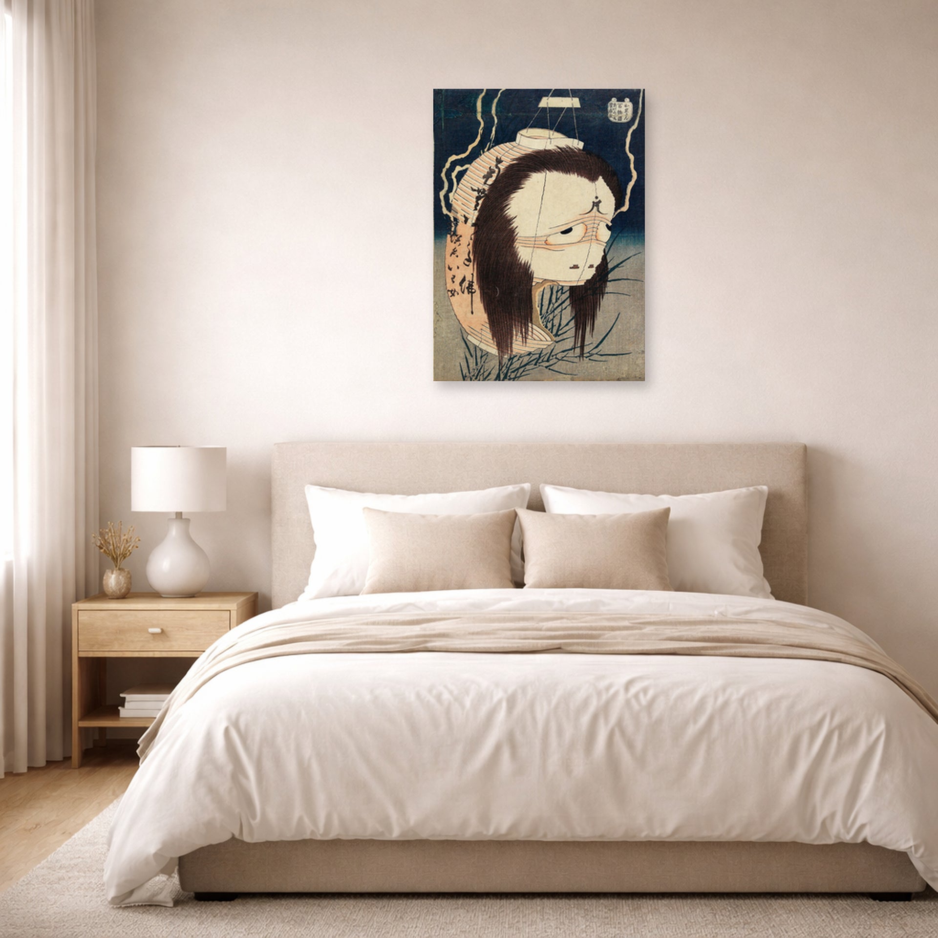Unframed poster print of Katsushika Hokusai's The Lantern Ghost, Iwa displayed on a wall in a bedroom