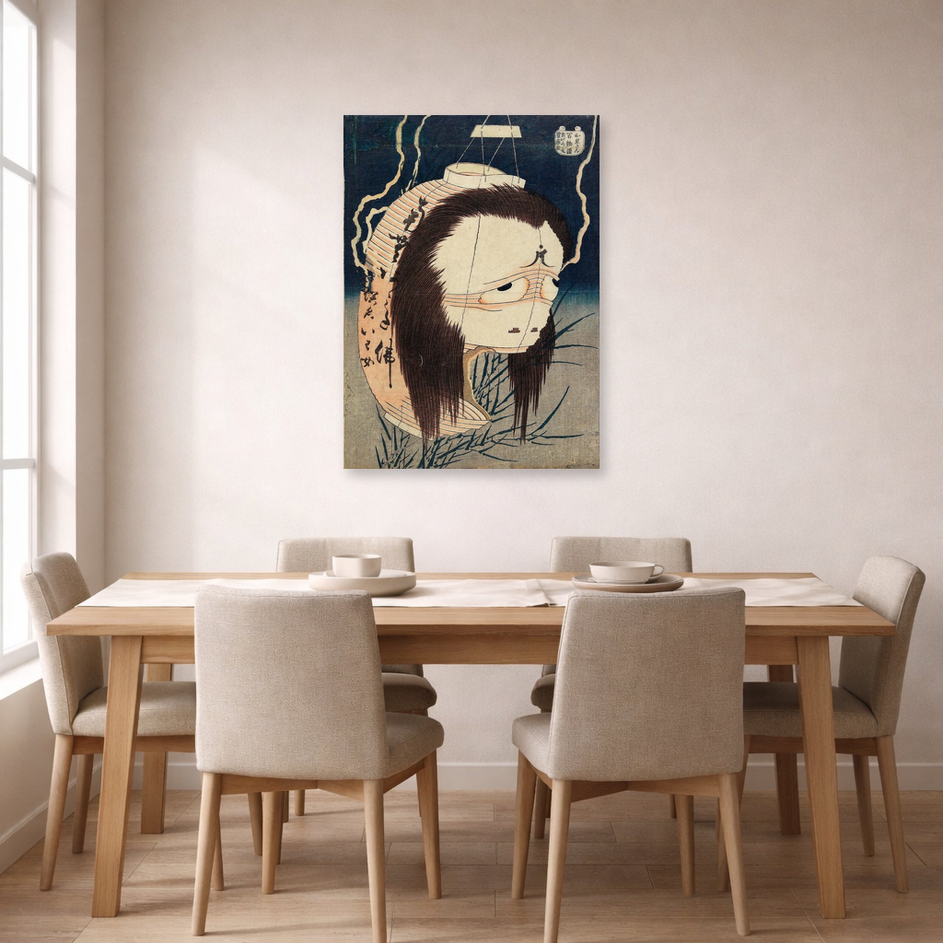 Unframed poster print of Katsushika Hokusai's The Lantern Ghost, Iwa displayed on a wall in a dining room