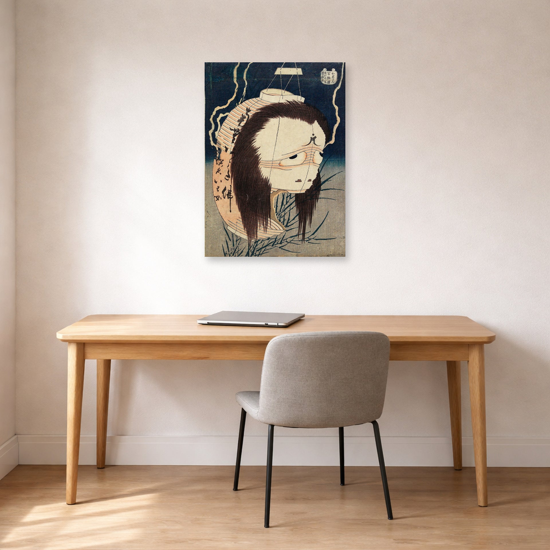 Unframed poster print of Katsushika Hokusai's The Lantern Ghost, Iwa displayed on a wall in a office