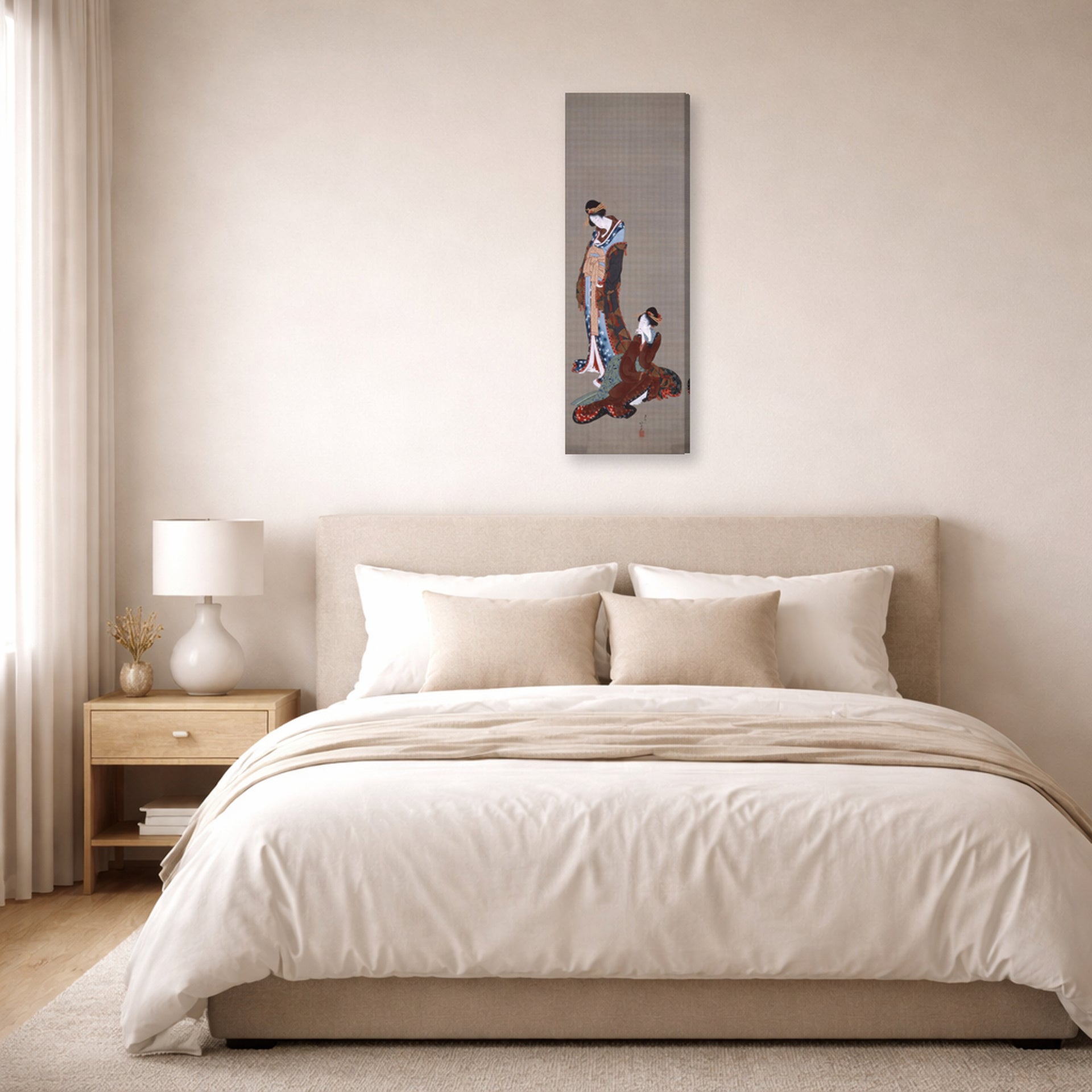 Gallery-wrapped canvas print of Katsushika Hokusai's Two Beauties displayed on a wall in a bedroom