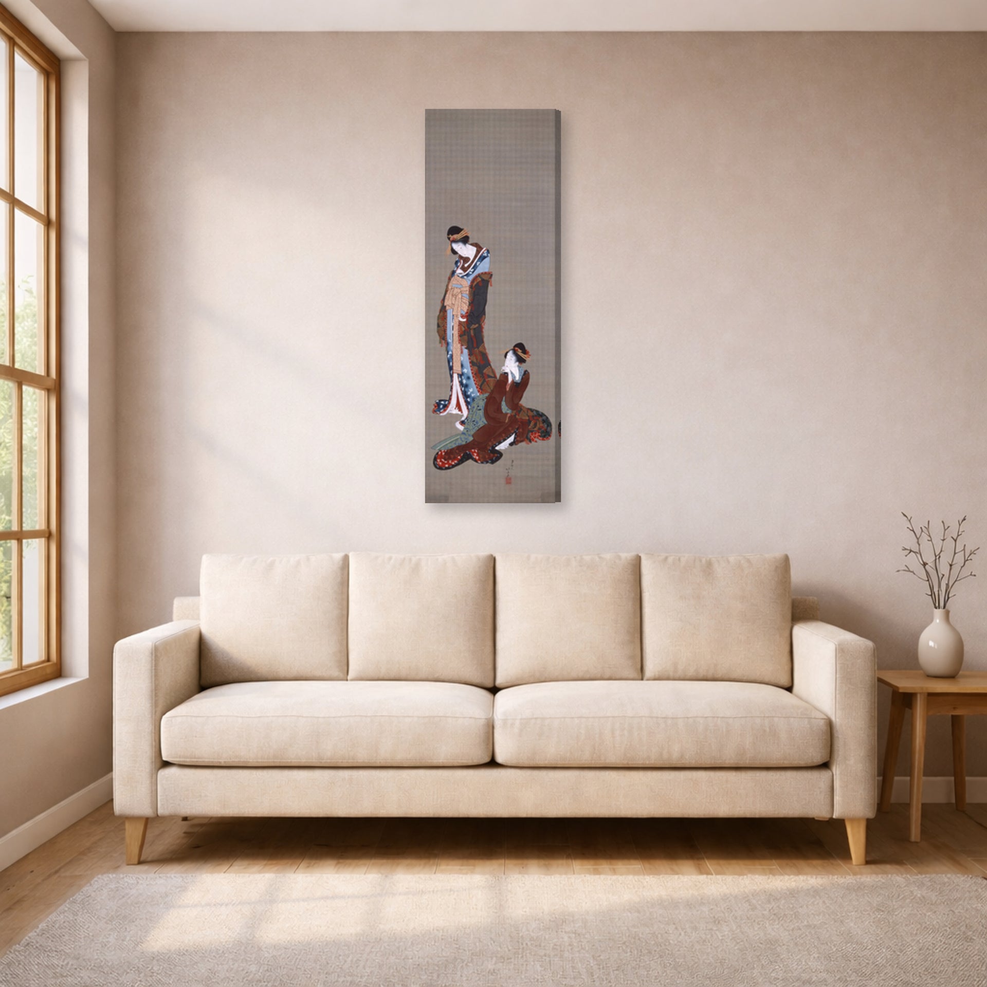 Gallery-wrapped canvas print of Katsushika Hokusai's Two Beauties displayed on a wall in a living room