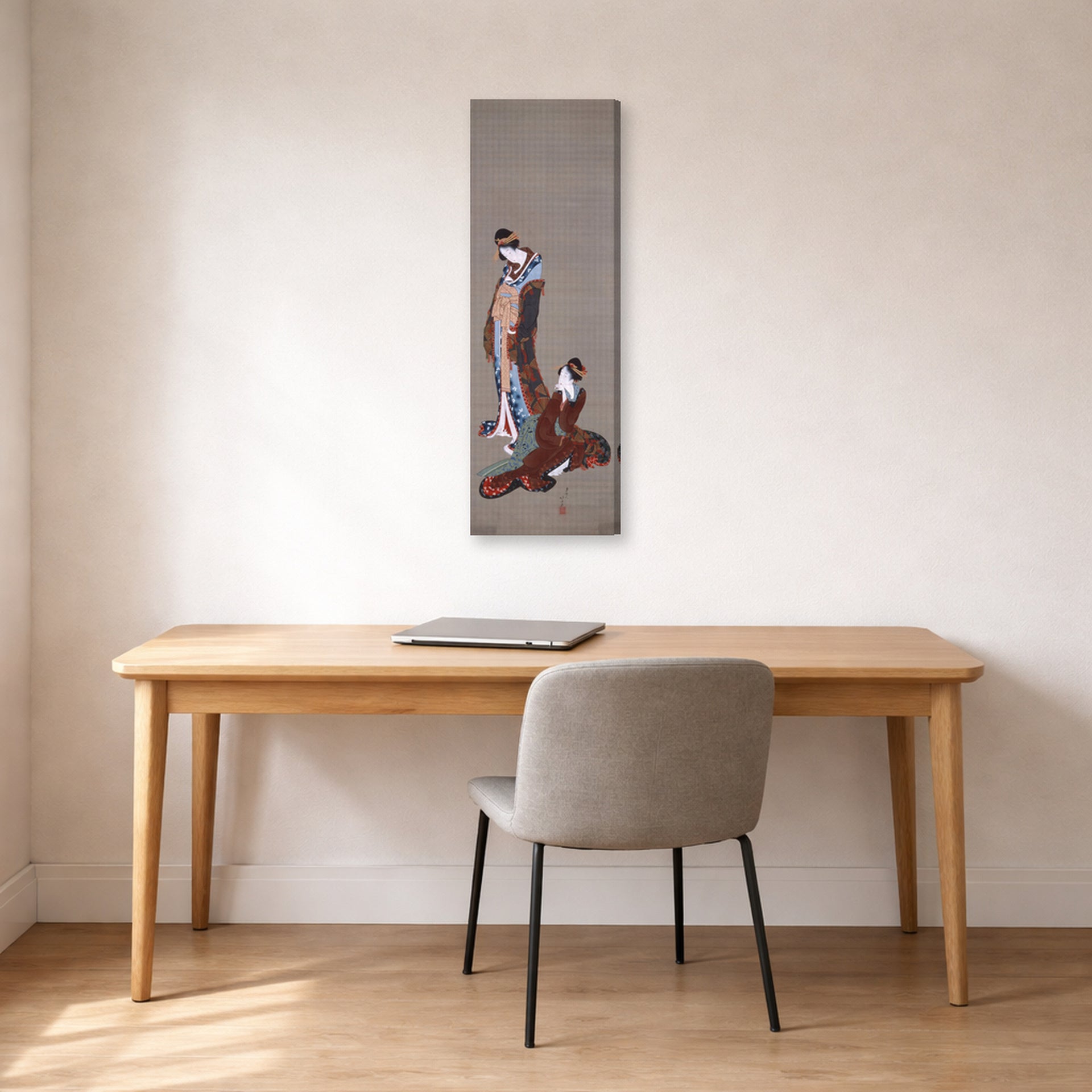 Gallery-wrapped canvas print of Katsushika Hokusai's Two Beauties displayed on a wall in a office