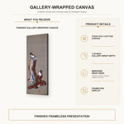 Katsushika Hokusai - Two Beauties gallery wrap canvas construction and hanging details infographic