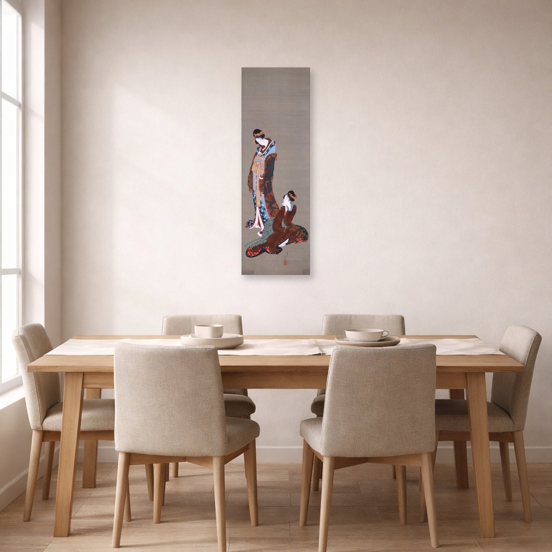 Unframed poster print of Katsushika Hokusai's Two Beauties displayed on a wall in a dining room