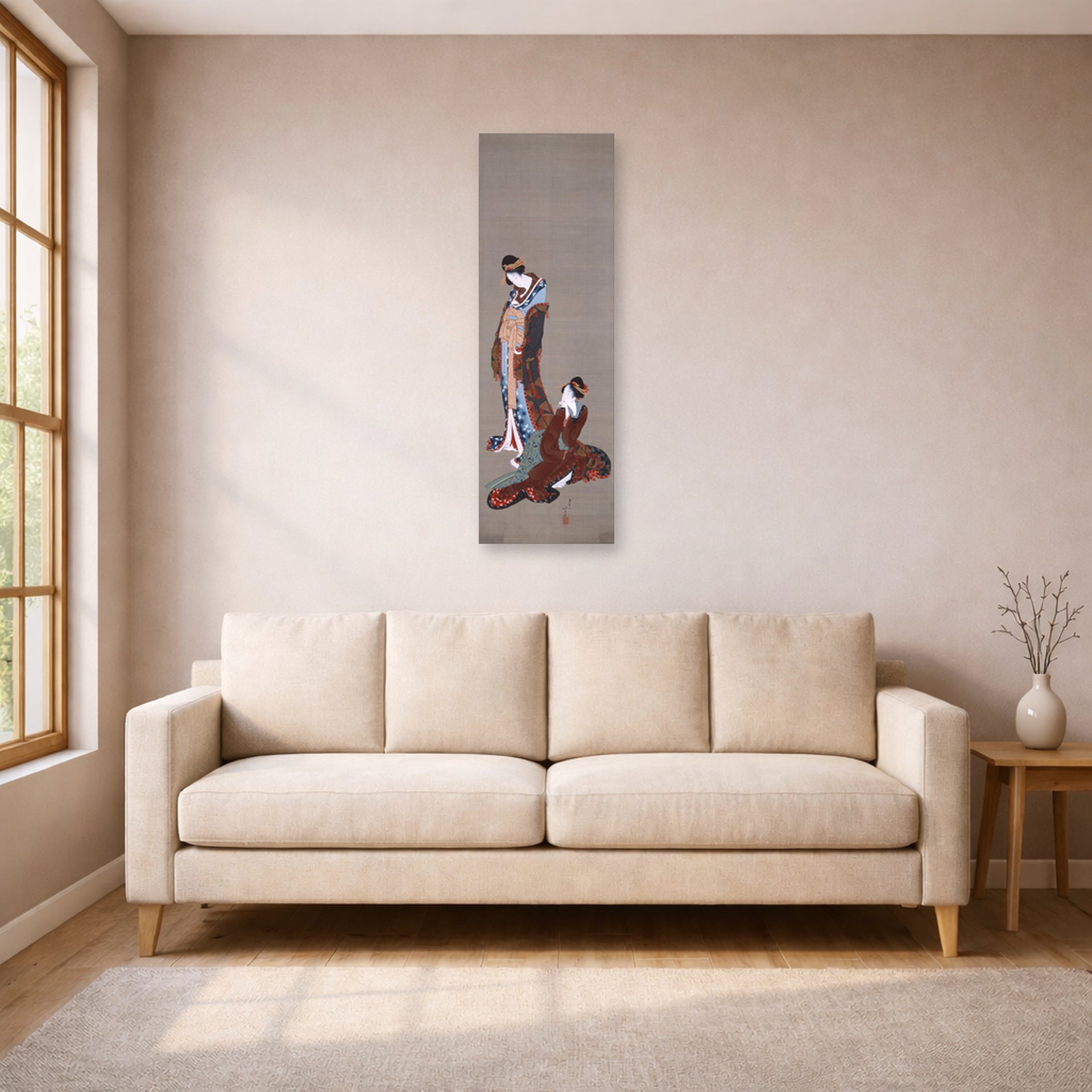 Unframed poster print of Katsushika Hokusai's Two Beauties displayed on a wall in a living room
