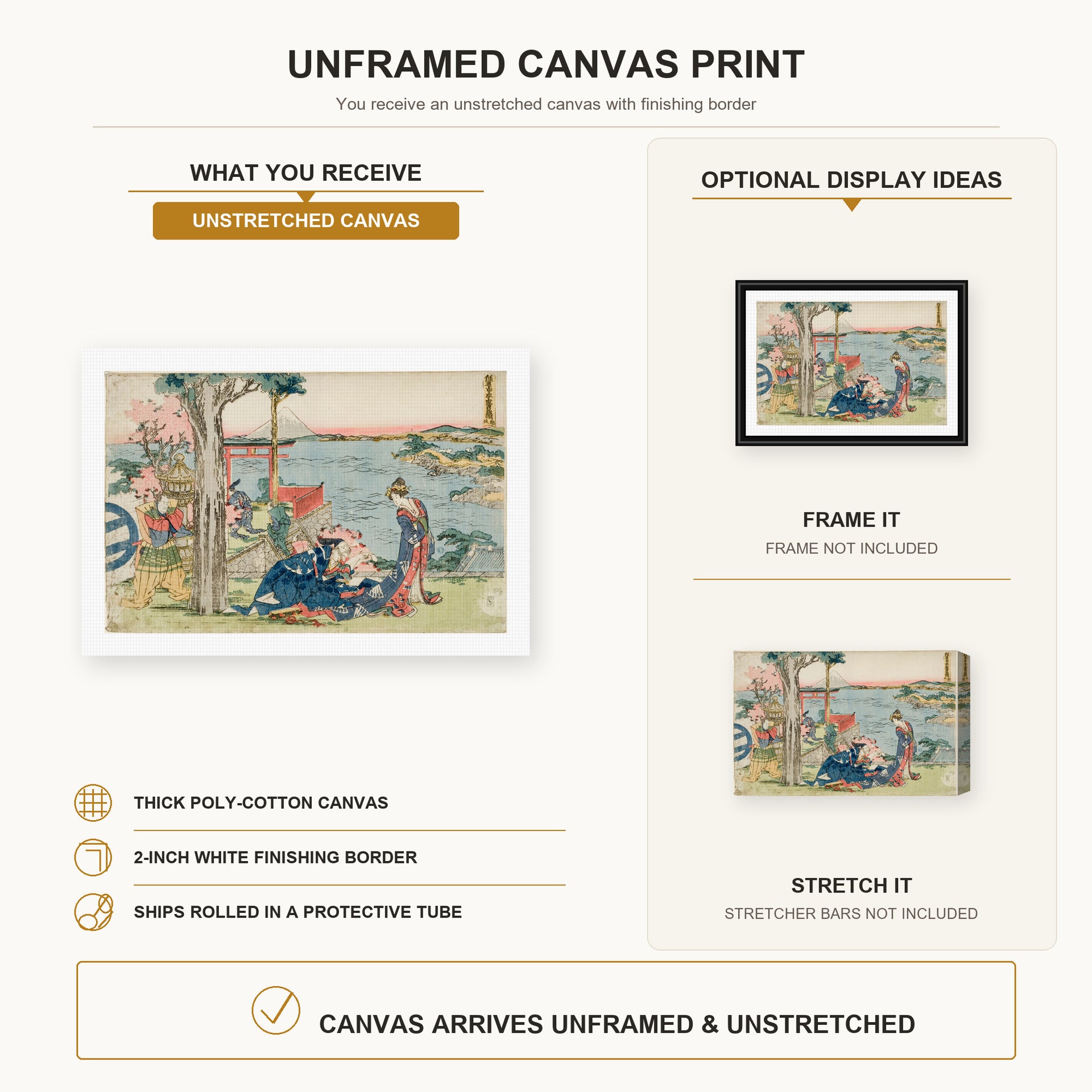 Katsushika Hokusai - Woodcut canvas print size comparison and framing display infographic