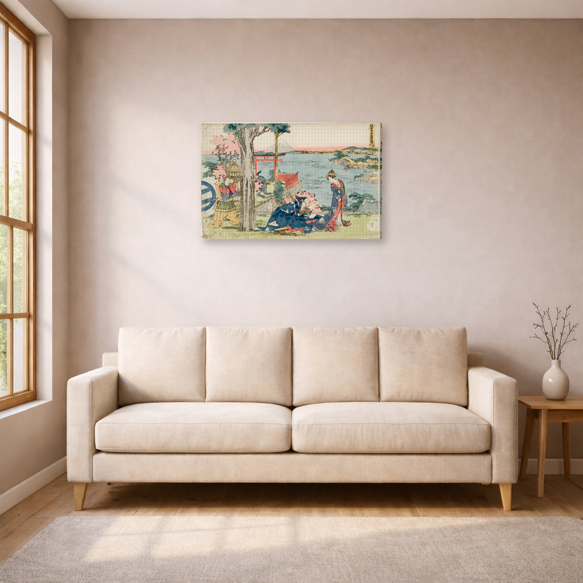Gallery-wrapped canvas print of Katsushika Hokusai's Woodcut displayed on a wall in a living room