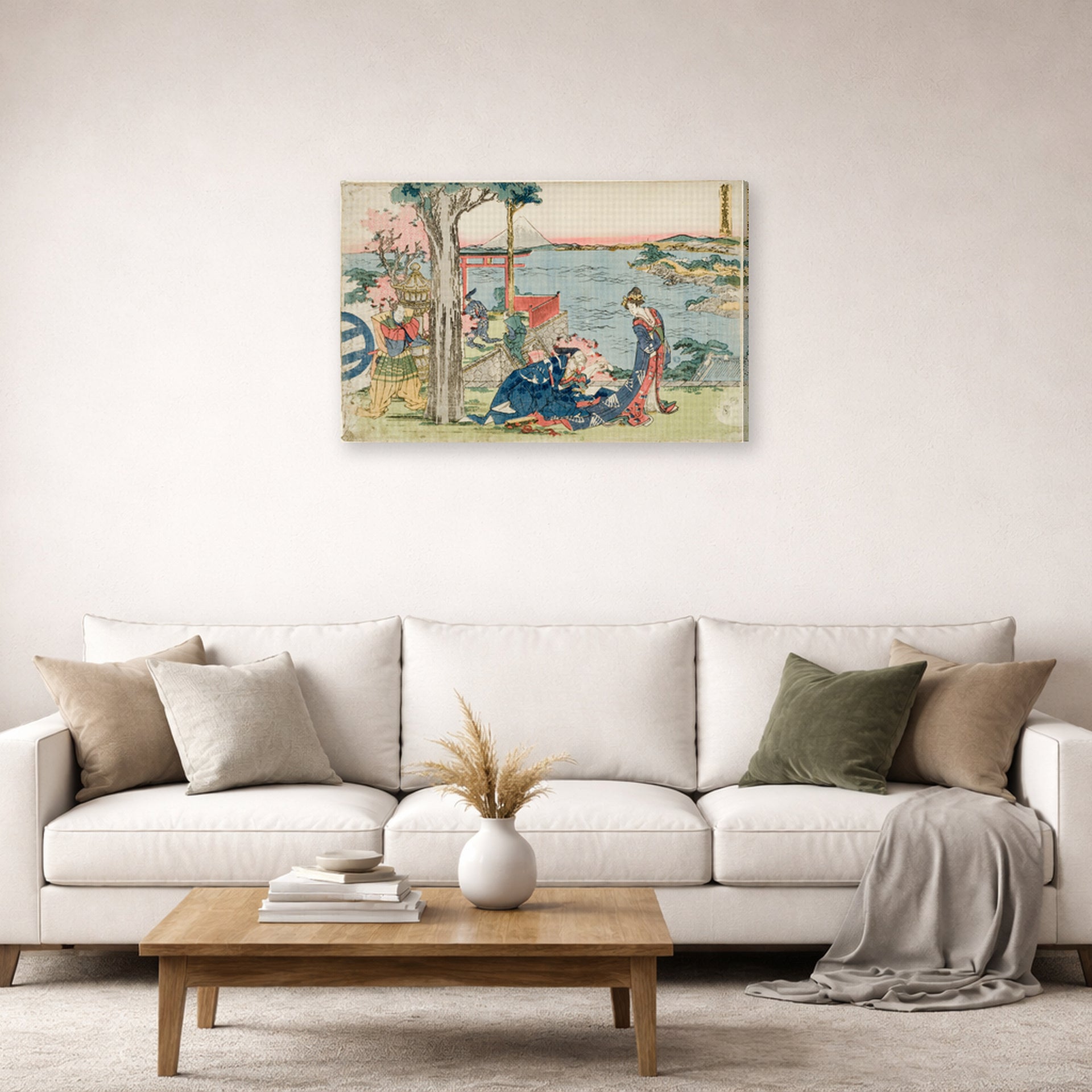 Gallery-wrapped canvas print of Katsushika Hokusai's Woodcut displayed on a wall in a living room