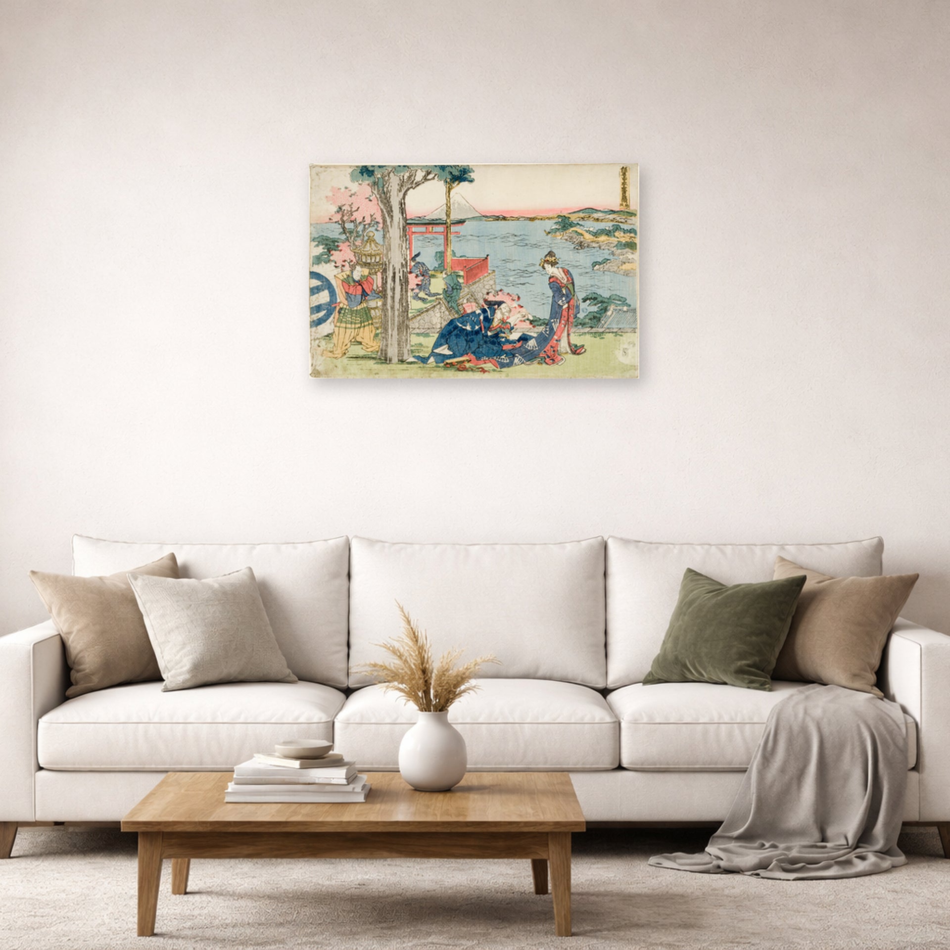 Unframed poster print of Katsushika Hokusai's Woodcut displayed on a wall in a living room