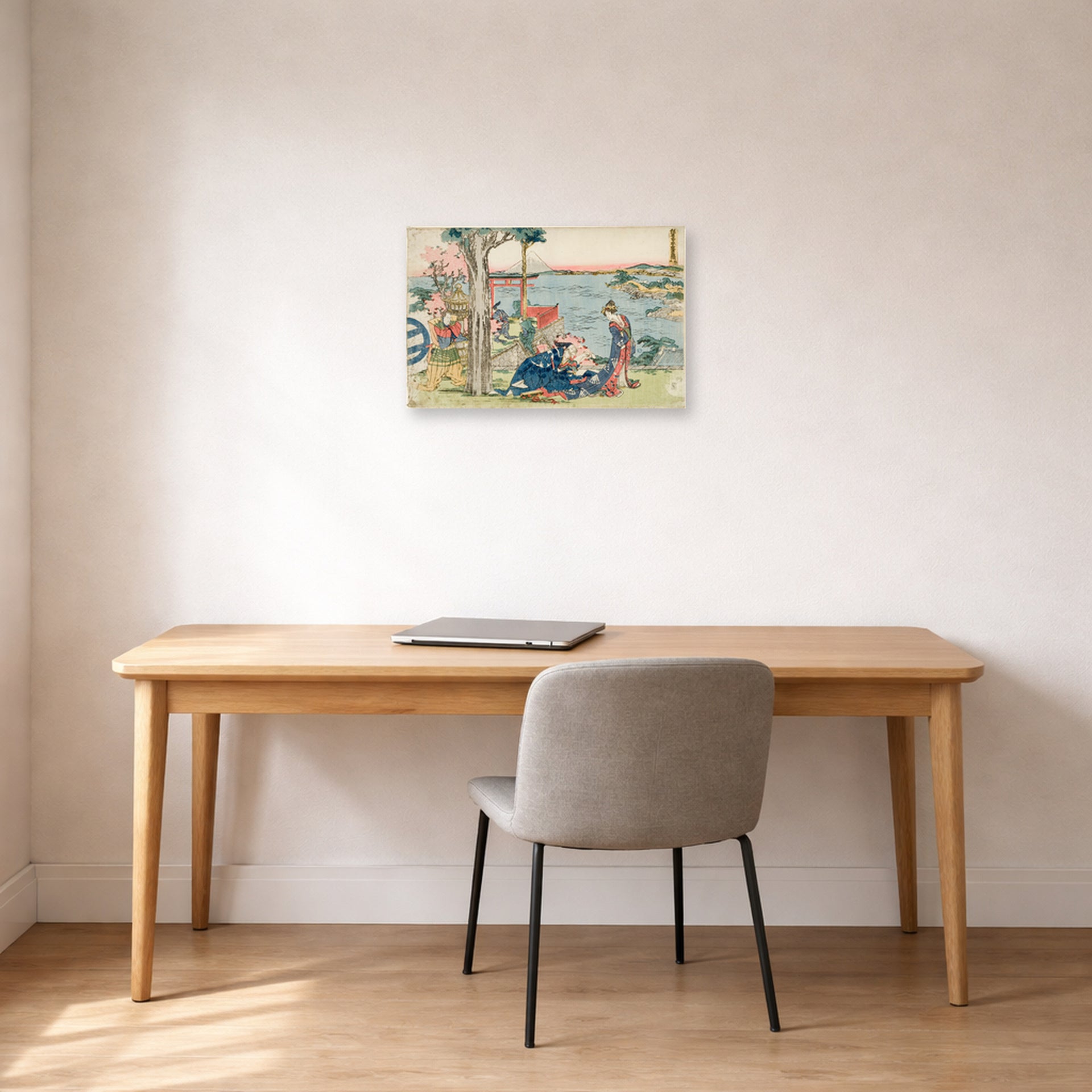 Unframed poster print of Katsushika Hokusai's Woodcut displayed on a wall in a office