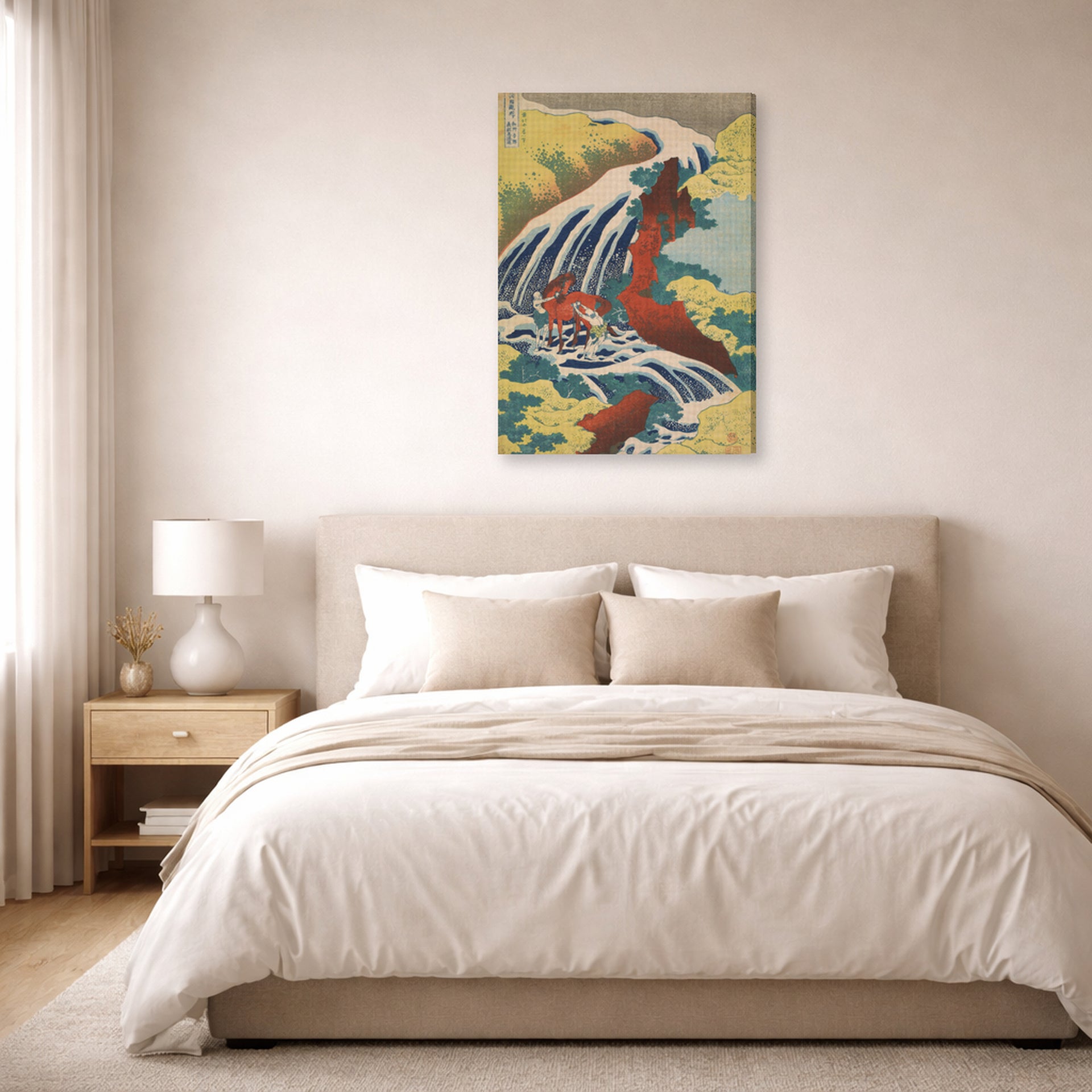Gallery-wrapped canvas print of Katsushika Hokusai's Yoshitsune Falls from the series Famous Waterfalls in Various Provinces displayed on a wall in a bedroom