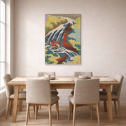 Gallery-wrapped canvas print of Katsushika Hokusai's Yoshitsune Falls from the series Famous Waterfalls in Various Provinces displayed on a wall in a dining room