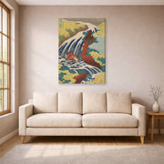 Gallery-wrapped canvas print of Katsushika Hokusai's Yoshitsune Falls from the series Famous Waterfalls in Various Provinces displayed on a wall in a living room