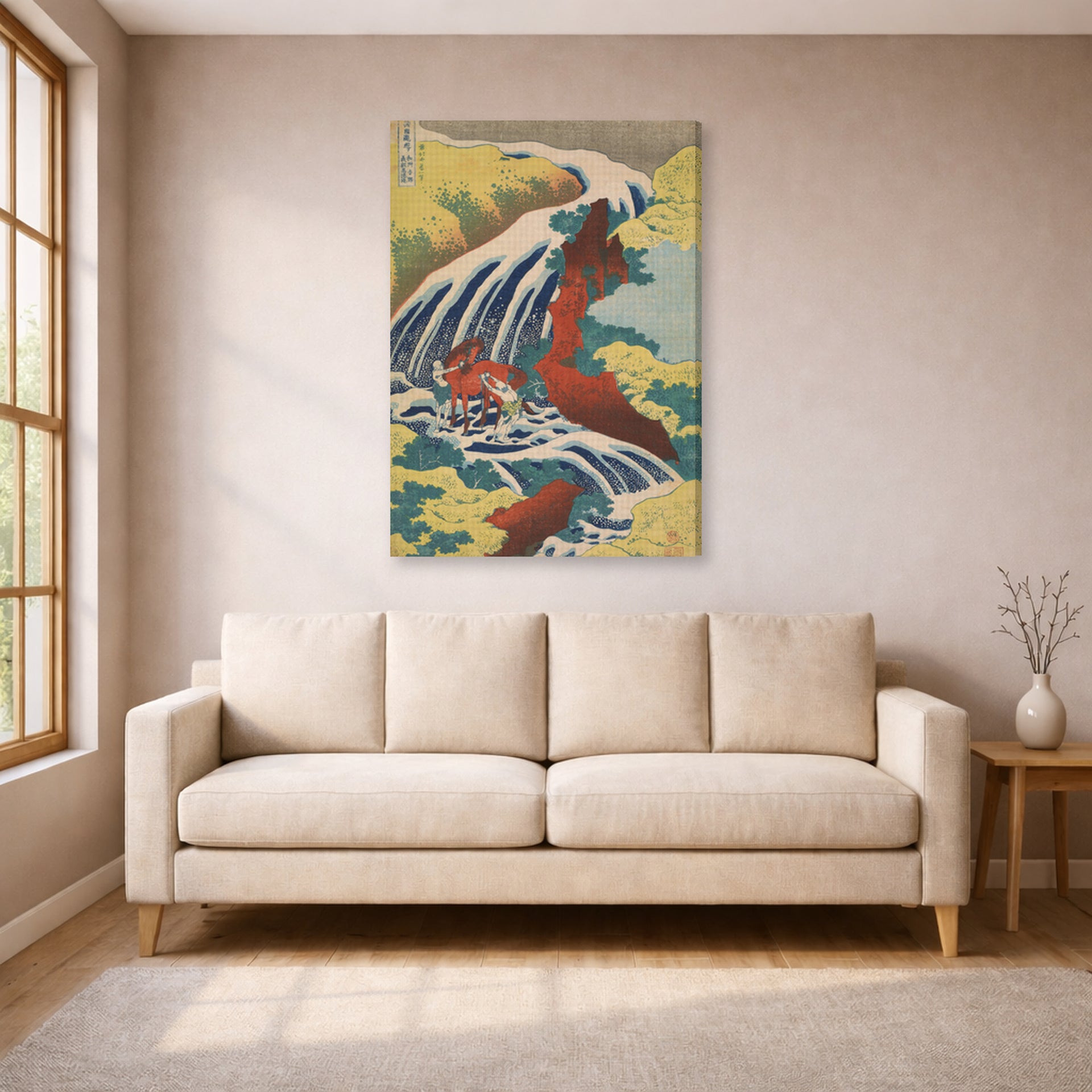 Gallery-wrapped canvas print of Katsushika Hokusai's Yoshitsune Falls from the series Famous Waterfalls in Various Provinces displayed on a wall in a living room
