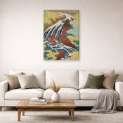 Gallery-wrapped canvas print of Katsushika Hokusai's Yoshitsune Falls from the series Famous Waterfalls in Various Provinces displayed on a wall in a living room