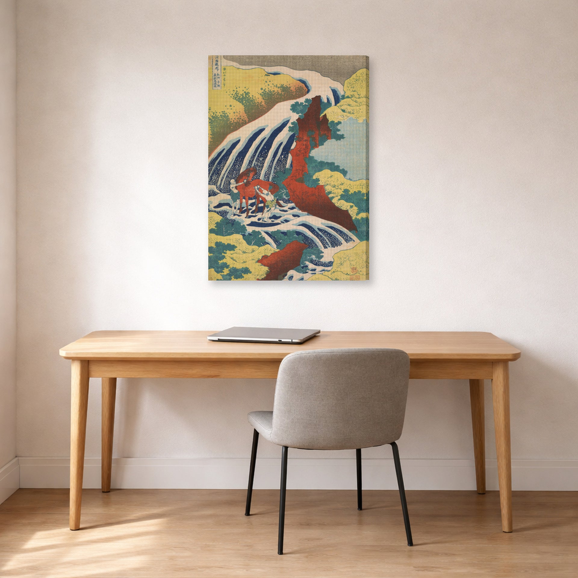 Gallery-wrapped canvas print of Katsushika Hokusai's Yoshitsune Falls from the series Famous Waterfalls in Various Provinces displayed on a wall in a office