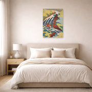 Unframed poster print of Katsushika Hokusai's Yoshitsune Falls from the series Famous Waterfalls in Various Provinces displayed on a wall in a bedroom
