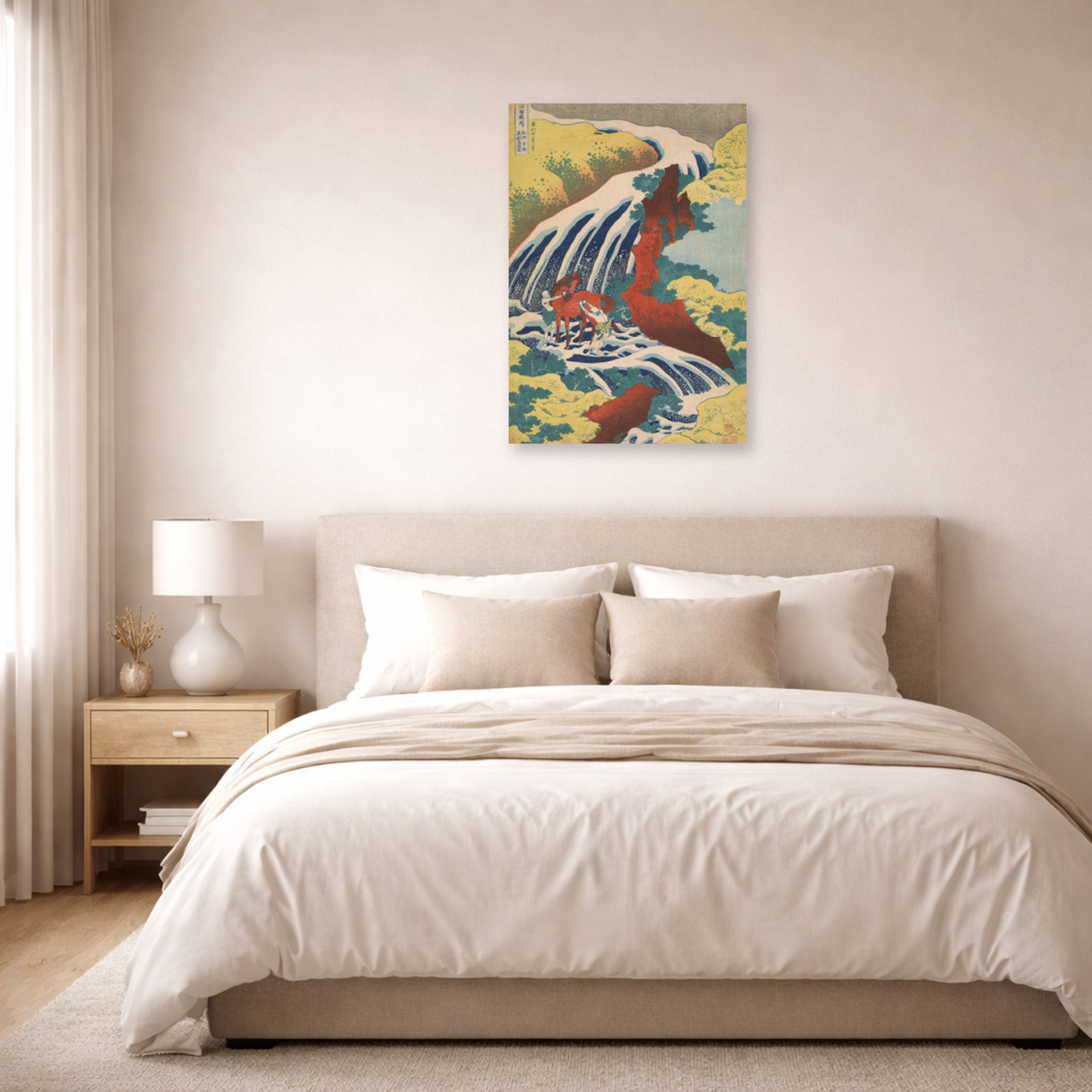 Unframed poster print of Katsushika Hokusai's Yoshitsune Falls from the series Famous Waterfalls in Various Provinces displayed on a wall in a bedroom