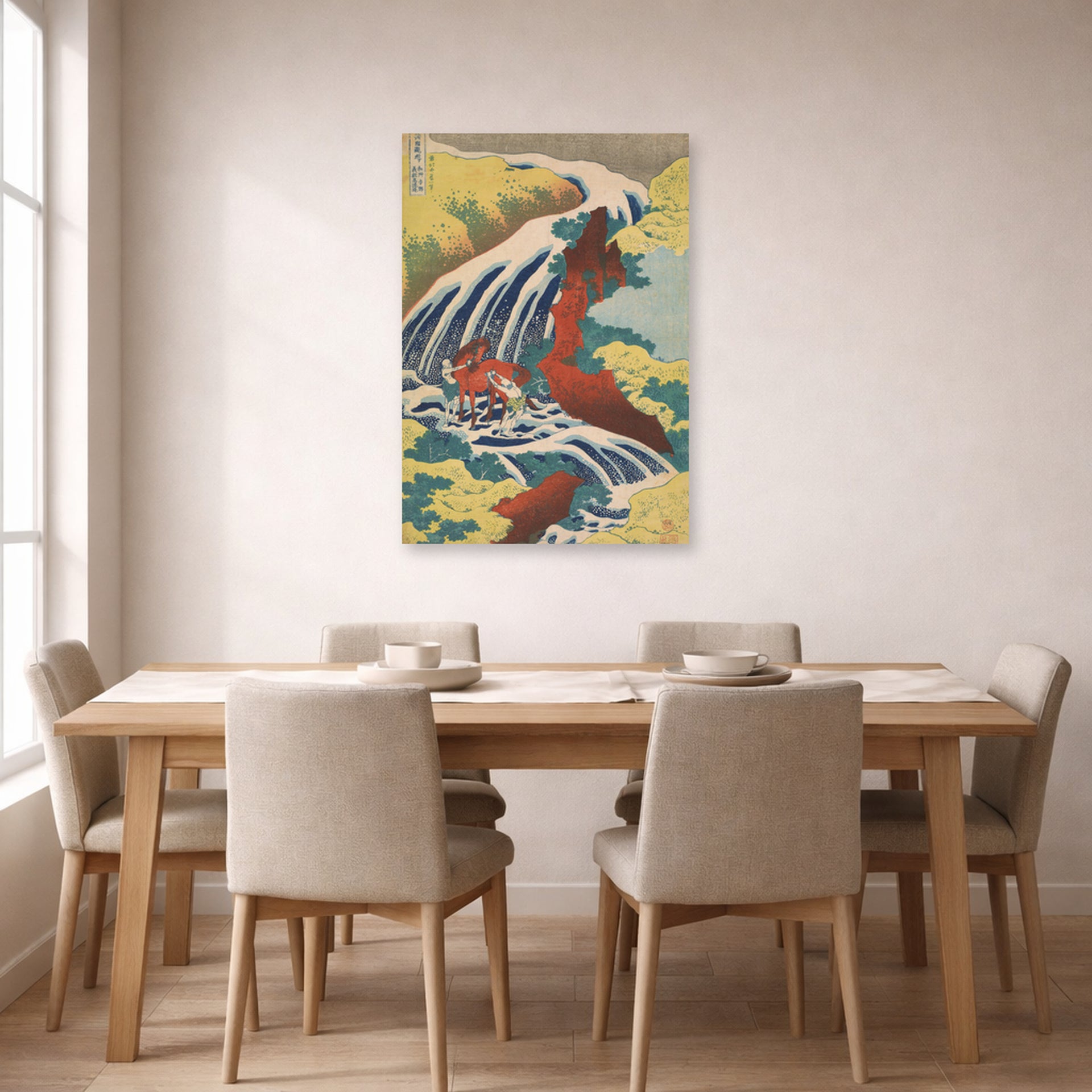 Unframed poster print of Katsushika Hokusai's Yoshitsune Falls from the series Famous Waterfalls in Various Provinces displayed on a wall in a dining room