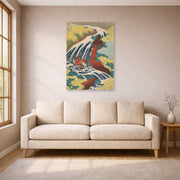 Unframed poster print of Katsushika Hokusai's Yoshitsune Falls from the series Famous Waterfalls in Various Provinces displayed on a wall in a living room