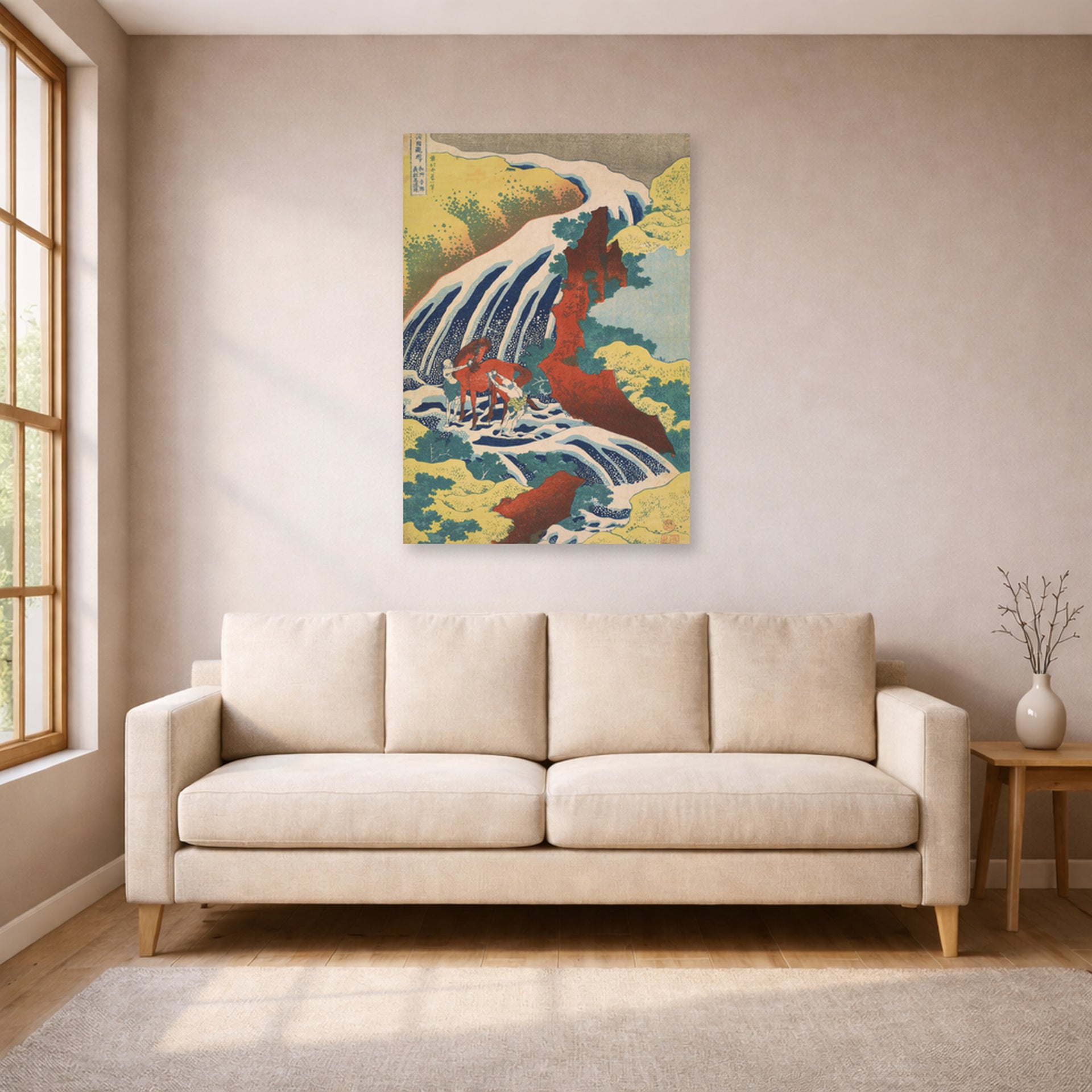 Unframed poster print of Katsushika Hokusai's Yoshitsune Falls from the series Famous Waterfalls in Various Provinces displayed on a wall in a living room