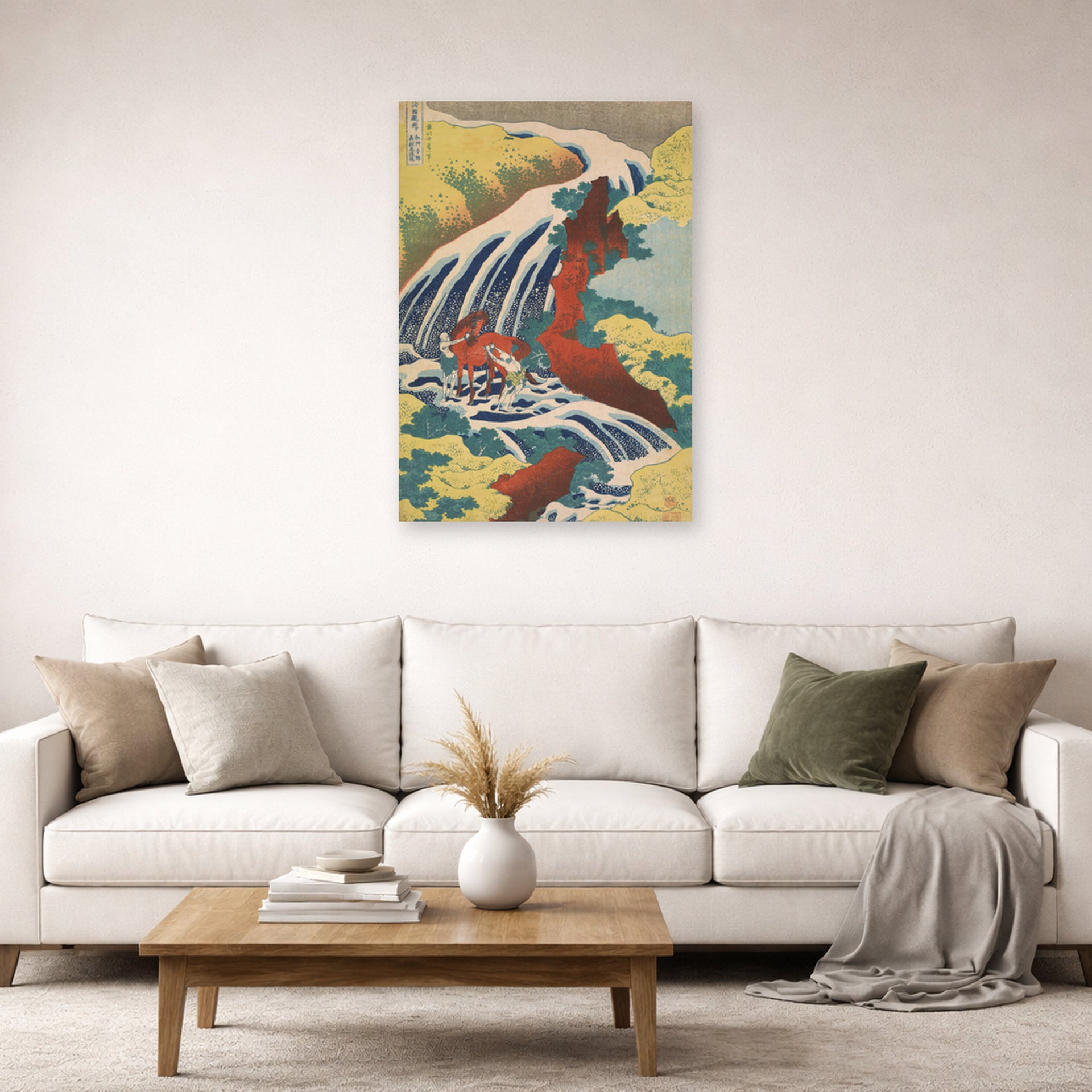 Unframed poster print of Katsushika Hokusai's Yoshitsune Falls from the series Famous Waterfalls in Various Provinces displayed on a wall in a living room