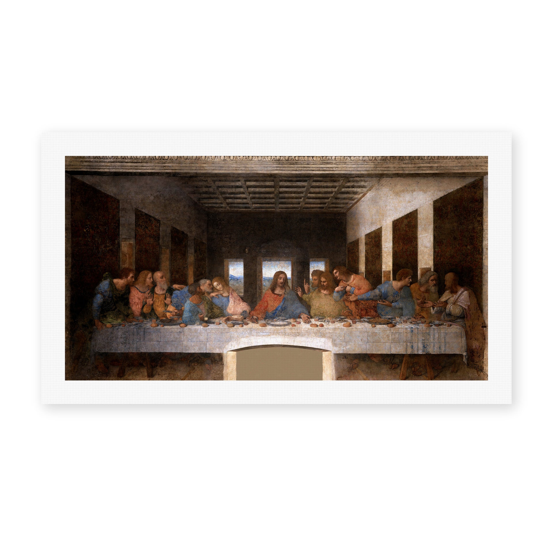 Leonardo da Vinci's 'The Last Supper' painting, depicting Christ and his twelve apostles at the table, reproduced as a rolled canvas print