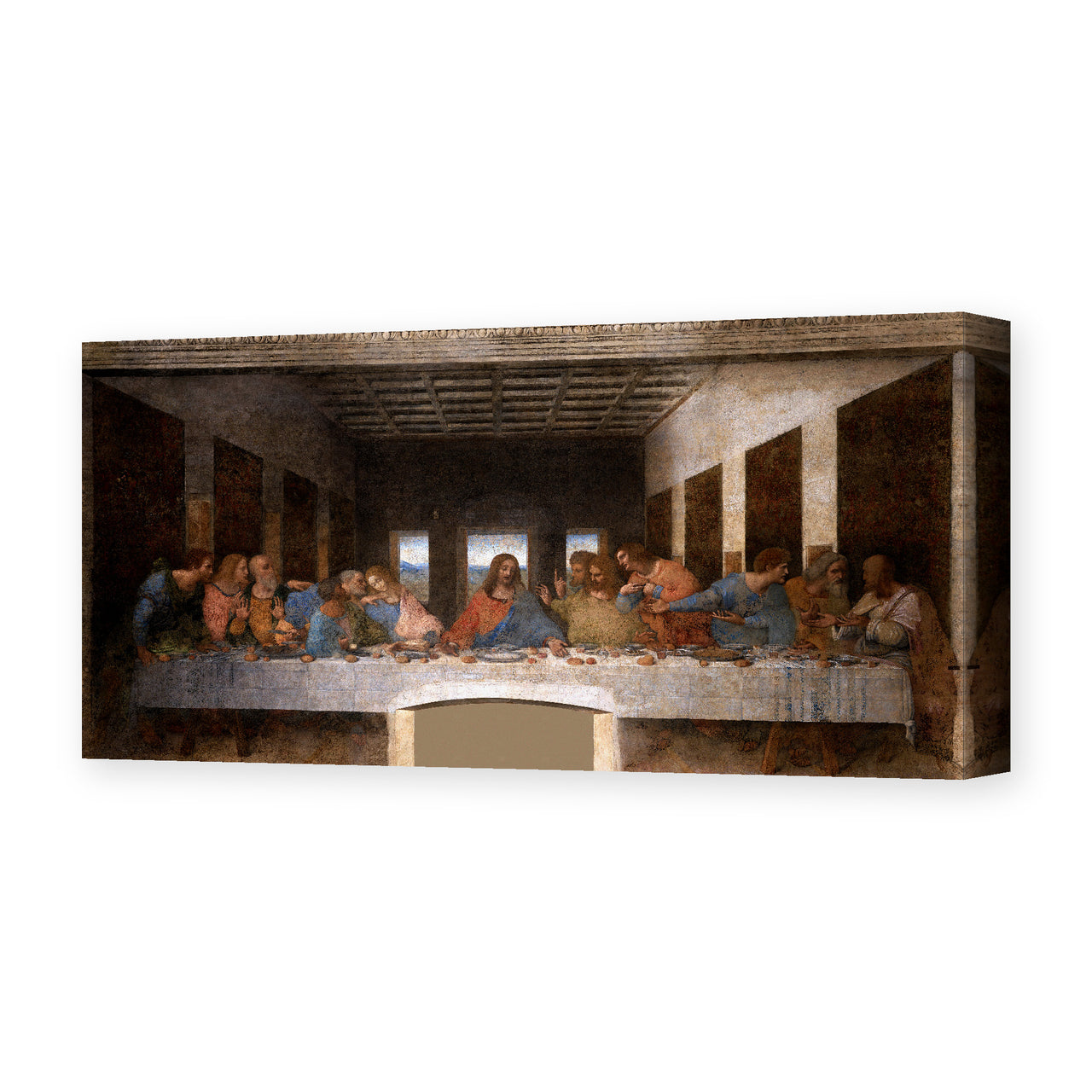 Leonardo da Vinci's 'The Last Supper' painting, depicting Christ and his twelve apostles at the table, reproduced as a gallery-wrapped canvas print