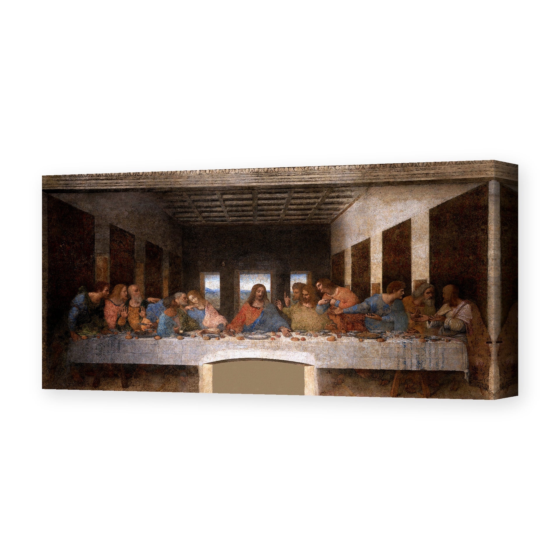 Leonardo da Vinci's 'The Last Supper' painting, depicting Christ and his twelve apostles at the table, reproduced as a gallery-wrapped canvas print