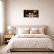 Gallery-wrapped canvas print of Leonardo da Vinci's The Last Supper displayed on a wall in a bedroom